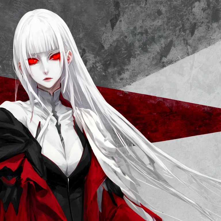 A tall girl with white hair and red eyes