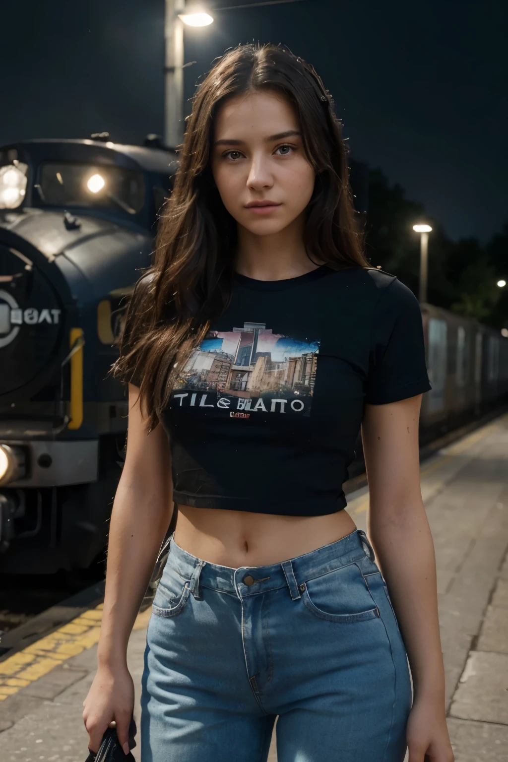 18-year-old girl on a train platform, wearing a cropped t-shirt and baggy jeans, looking seductively innocent towards the camera lens, with a modern train in the background, elle est sur le côté, elle a un fessier rebondi 

(best quality,4k,8k,highres,masterpiece:1.2),ultra-detailed,(realistic,photorealistic,photo-realistic:1.37),HDR,UHD,studio lighting,ultra-fine painting,sharp focus,physically-based rendering,extreme detail description,professional,vivid colors,bokeh,portraits