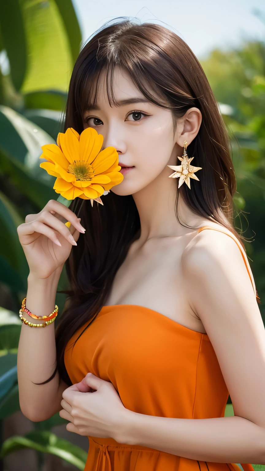 ridiculous, high resolution, Super detailed, 1 girl, alone, extremely detailed eyes, starfish, seashells, shells, flower, have, hair accessories, jewelry, straw have, looking at the audience, sunglasses, have flower, drinking straw, hairpin, earrings, red flower, have色眼镜, yellow flower, Bangs, English text, colorful hair, orange flower, black hair, ring, cup, long hair, orange-have色眼镜, food, brown hair, portrait, shells hair accessories