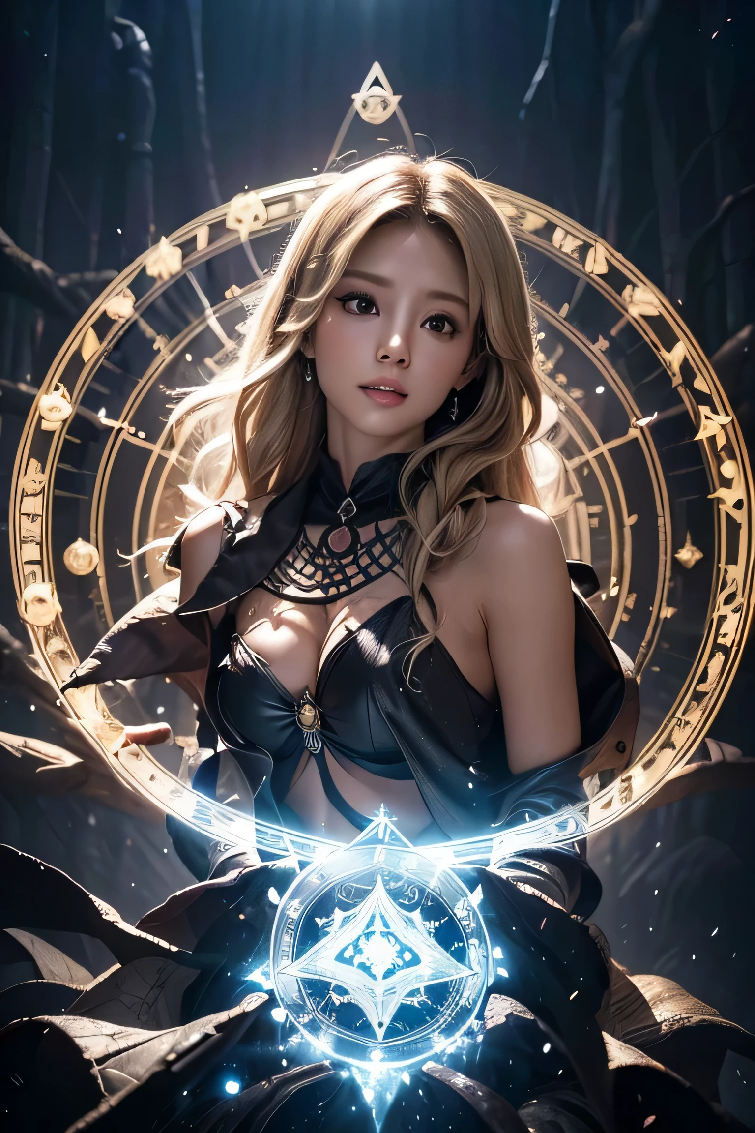 (masterpiece:1.2), Super detailed, ultra high resolution, (realistic, photo realistic:1.37), very delicate and beautiful, highly detailed face, shiny skin, (famous japanese actress:1.2), (Improve:1.25), flat chest, (brown race, black skin, blonde), (skeleton witch:1.3), flying epoxy skull, In the dark, in the black whirlpool, mysterious forest. Her appearance wearing skeleton armor and a mysterious dress, Swallowed by the swirling darkness. wood々sew between, Now shrouded in black smoke and the eye of the storm, In the glowing embers and the billowing cloth, armpit, midriff peak, magic circle