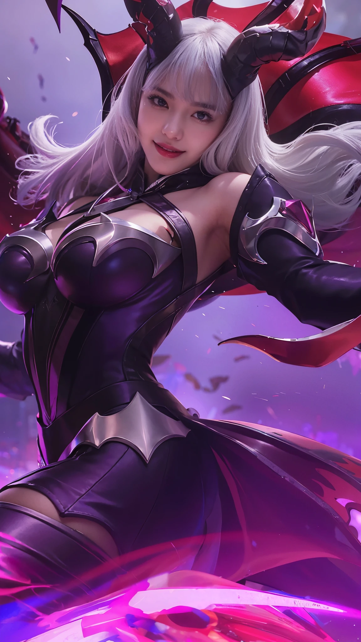 Ultra detail texture, ulta detail, ultra hight, realistic, 16k, selena (/mobile legends bang-bang/), villain smile, perfect body, bobs, full body, 1 woman, bokeh, detail eyes, detail smile, detail face, White hair, scarf