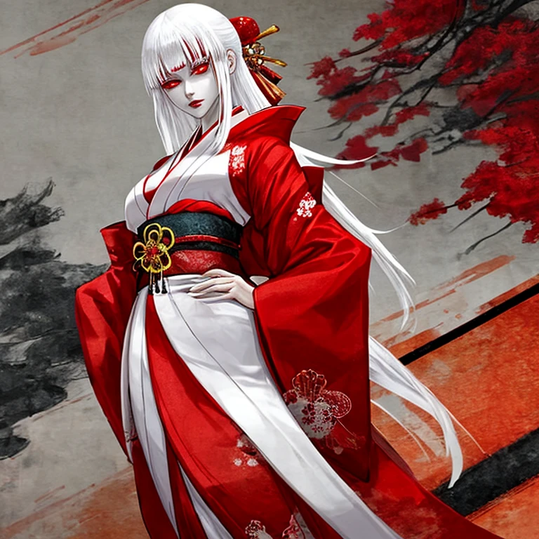 A tall woman with white hair and red eyes wearing red kimono