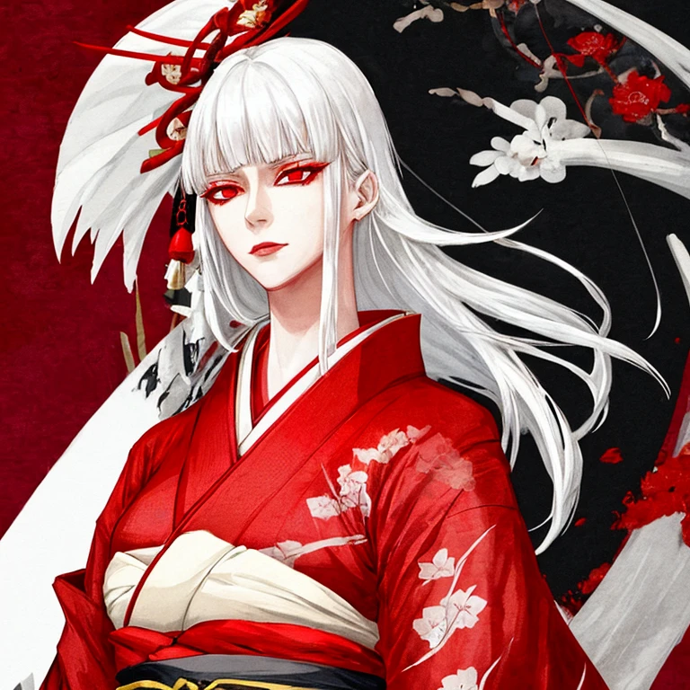 A tall woman with white hair and red eyes wearing red kimono