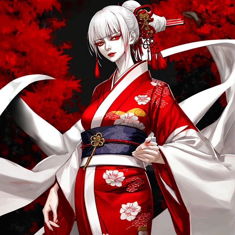 A tall woman with white hair and red eyes wearing red kimono