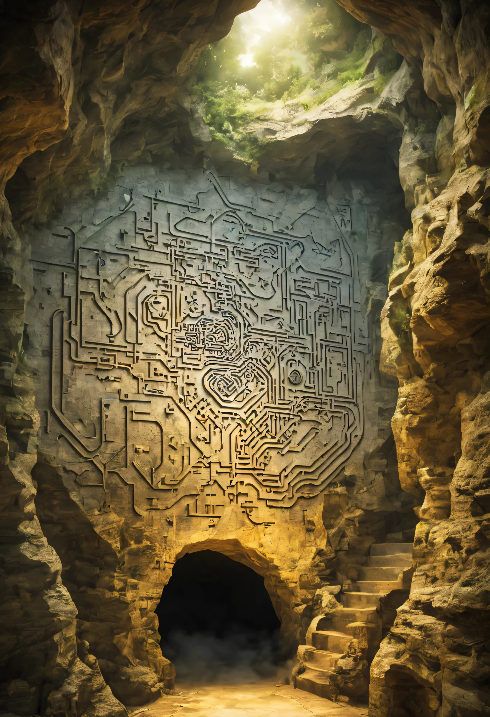 A map posted on the wall at the entrance to an underground cave., (Torch), incredibly complex underground, like a maze, The map is too complicated to memorize, fantasy, anime