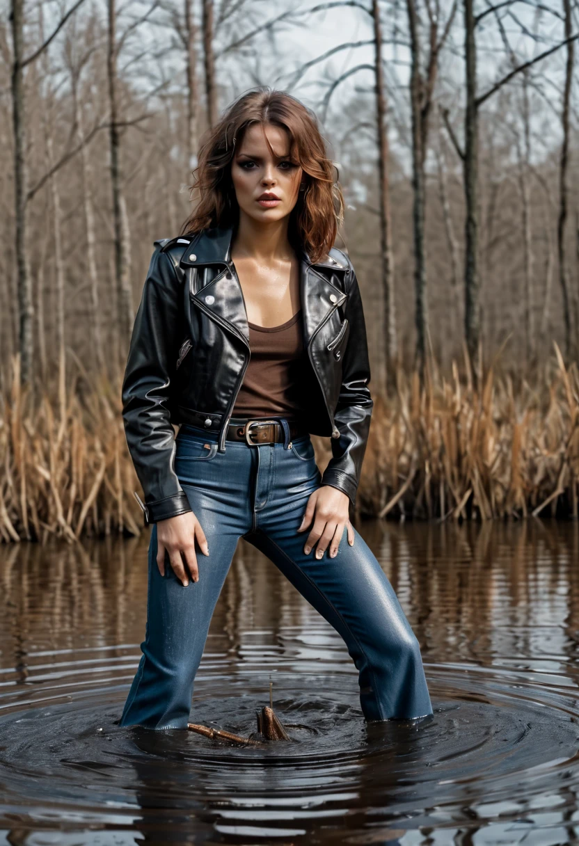 70s style shy woman in soaking wet high waisted flared jeans and leather jacket caught when indulging in her fetish while drowning in swamp