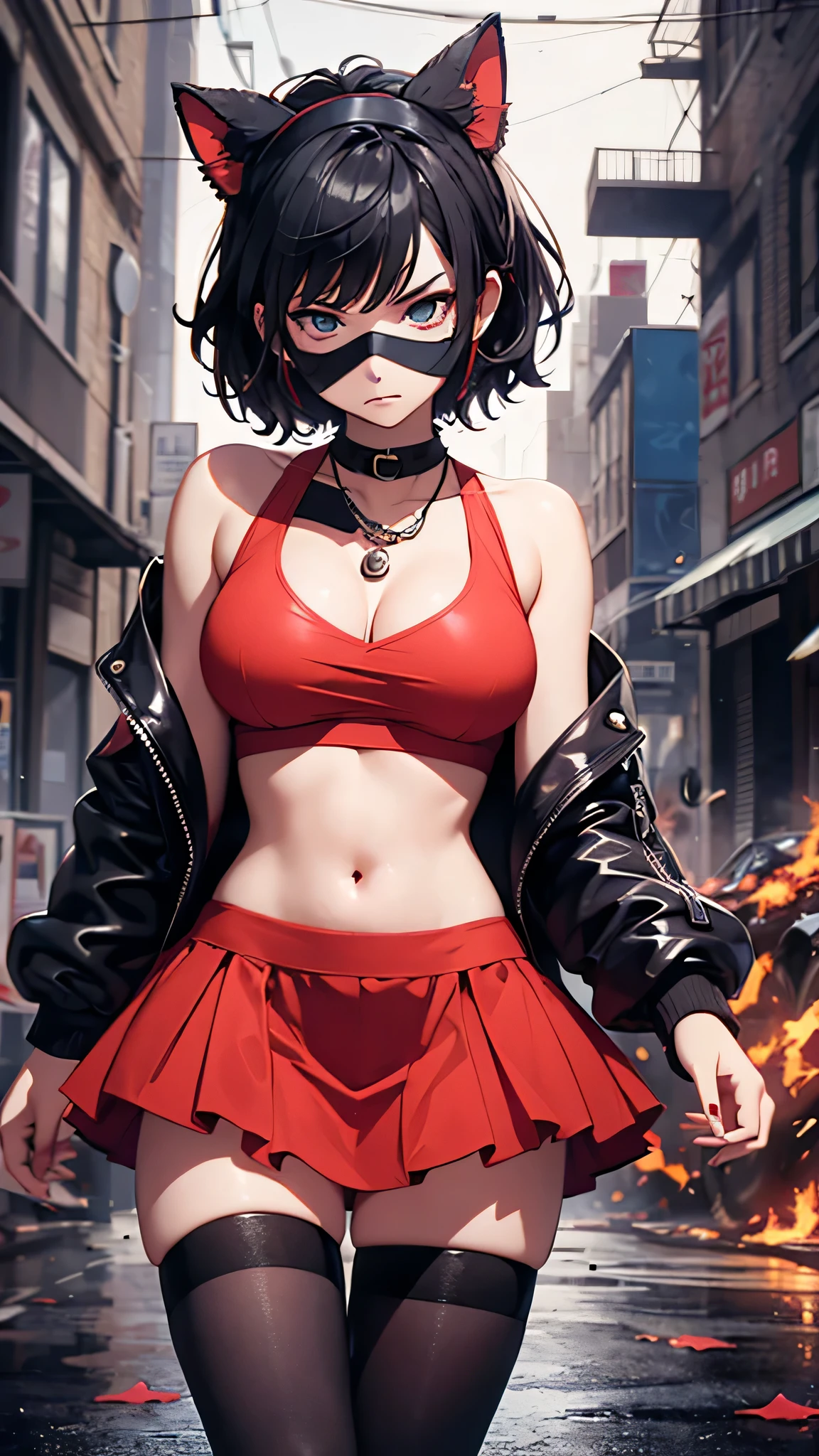 最high quality、best image quality、masterpiece、age girl((18-year-old、 By becoming、vest bust、medium bust,wide open breast tea、black eye, black hair、shortcut、short hair、thin,highest valley、Perforated gloves、Hachimaki、My whole body is full of scars、black tank top、red short skirt、anger expression、red necklace、black stockings、red boots、red heat mask)),high quality、beautiful art、background((Dark road、Red rain、red lighting、Red Moon、bloody road、dark city)),debris flies、Depth of written boundary、movie、visual art、perfect art、8K,genuine