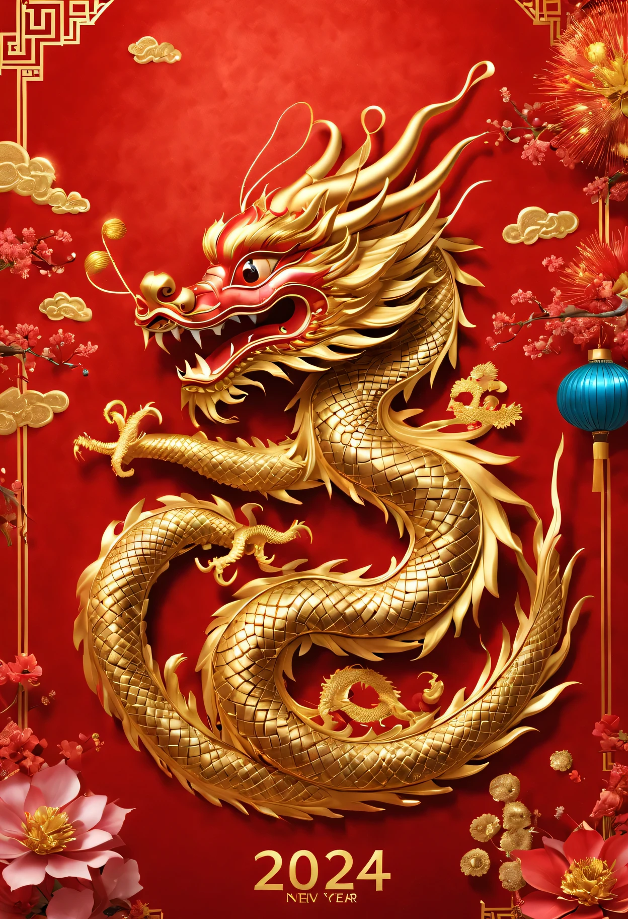 Red envelopes，封面有一条金色的中国dragon和文字"New Year 2024”（Boutiques，4K，masterpiece：1.2），Super fine，human development report，bright colors，spring，Shiny and vibrant，festive atmosphere，Chinese traditional elements background，Intricate decorative borders on envelopes，dragon&#39;Her eyes sparkle with magic and hope，Fireworks twinkling in the night sky。