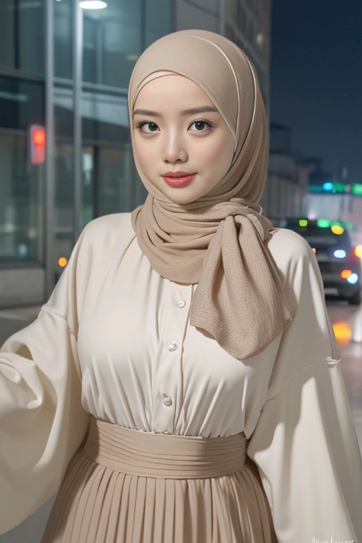 (a beautiful Japanese girl wearing a long hijab standing outdoors at night, highly detailed, realistic, 16k, masterpiece, high resolution, fit body, perfect eyes, pale skin, fair skin, perfect skin, outdoor, night time, night sky, low light, darkness, dark night, cold expression, cold pose, front view, wide-leg linen pants, ultra-delicate face, delicate eyes, double eyelids, half smile, beautiful and delicate photo)