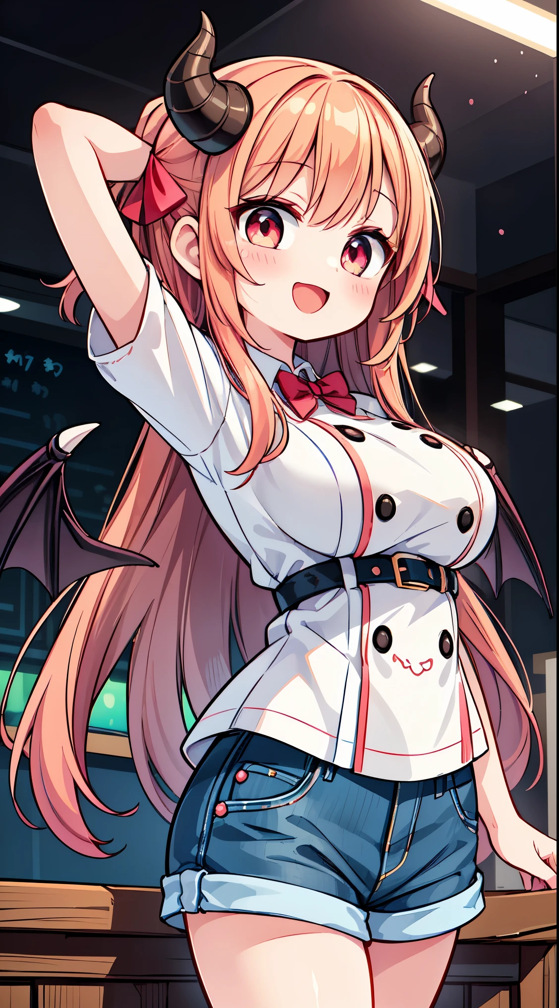 (super fine illustration:1.2),(masterpiece, 8k), (best quality, high quality:1.4), perfect anatomy, hyper detailed, ultra detailed,masterpiece background,beautiful detailed background, v8k wallpaper,perfect design,award-winning art,atmospheric,
BREAK, 1 beautiful girl, (Beauty:1.5),(Chibi:0.5),(kawaii:2.0),(Cool:2.0),( girl),(Solo:1.65),BREAK, (huge-breasted:1.35), Clear skin, Beautiful skin, Shy, 1 beautiful woman,Demons,Colossal tits(Hair Bow, Red hair, Long hair, flipped hair, hair messy,Wings of an angel on the back, Demon King's horn on the head:1.2), (Red Eyes, long eyelashes, Double eyelids: 1.2), Shiny skin,de pele branca,dial,(best quality face),(Top quality glowing eyes),(Doya face,brave face:1.45),(The best smile,:D:1.45),
BREAK, On the stage of an old bar, a very beautiful woman is sitting on a chair, playing the guitar and singing.A very beautiful woman is wearing a cowboy hat, a white t-shirt, denim shorts, and cowboy boots, with her legs crossed. ,
BREAK,wakame,wakame,wakame,(looking up,from front ,cowboy shot:1.5) ,
BREAK,(Blurry background:1.3),(absurderes, hight resolution, Super Detail Art),cel shading,Clear Color, Lonely optical effect, Beautiful pictures, Bright glow, mystic atmosphere,(Close-up of girl:1.1), Mystical light particle effect,manga influence, clean line drawings,