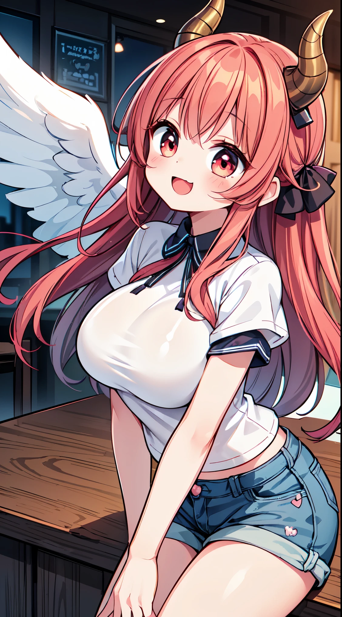 (super fine illustration:1.2),(masterpiece, 8k), (best quality, high quality:1.4), perfect anatomy, hyper detailed, ultra detailed,masterpiece background,beautiful detailed background, v8k wallpaper,perfect design,award-winning art,atmospheric,
BREAK, 1 beautiful girl, (Beauty:1.5),(Chibi:0.5),(kawaii:2.0),(Cool:2.0),(17 year old girl),(Solo:1.65),BREAK, (huge-breasted:1.35), Clear skin, Beautiful skin, Shy, 1 beautiful woman,Demons,Colossal tits(Hair Bow, Red hair, Long hair, flipped hair, hair messy,Wings of an angel on the back, Demon King's horn on the head:1.2), (Red Eyes, long eyelashes, Double eyelids: 1.2), Shiny skin,de pele branca,dial,(best quality face),(Top quality glowing eyes),(Doya face,brave face:1.45),(The best smile,:D:1.45),
BREAK, On the stage of an old bar, a very beautiful woman is sitting on a chair, playing the guitar and singing.A very beautiful woman is wearing a cowboy hat, a white t-shirt, denim shorts, and cowboy boots, with her legs crossed. ,
BREAK,wakame,wakame,wakame,(looking up,from front ,cowboy shot:1.5) ,
BREAK,(Blurry background:1.3),(absurderes, hight resolution, Super Detail Art),cel shading,Clear Color, Lonely optical effect, Beautiful pictures, Bright glow, mystic atmosphere,(Close-up of girl:1.1), Mystical light particle effect,manga influence, clean line drawings,
