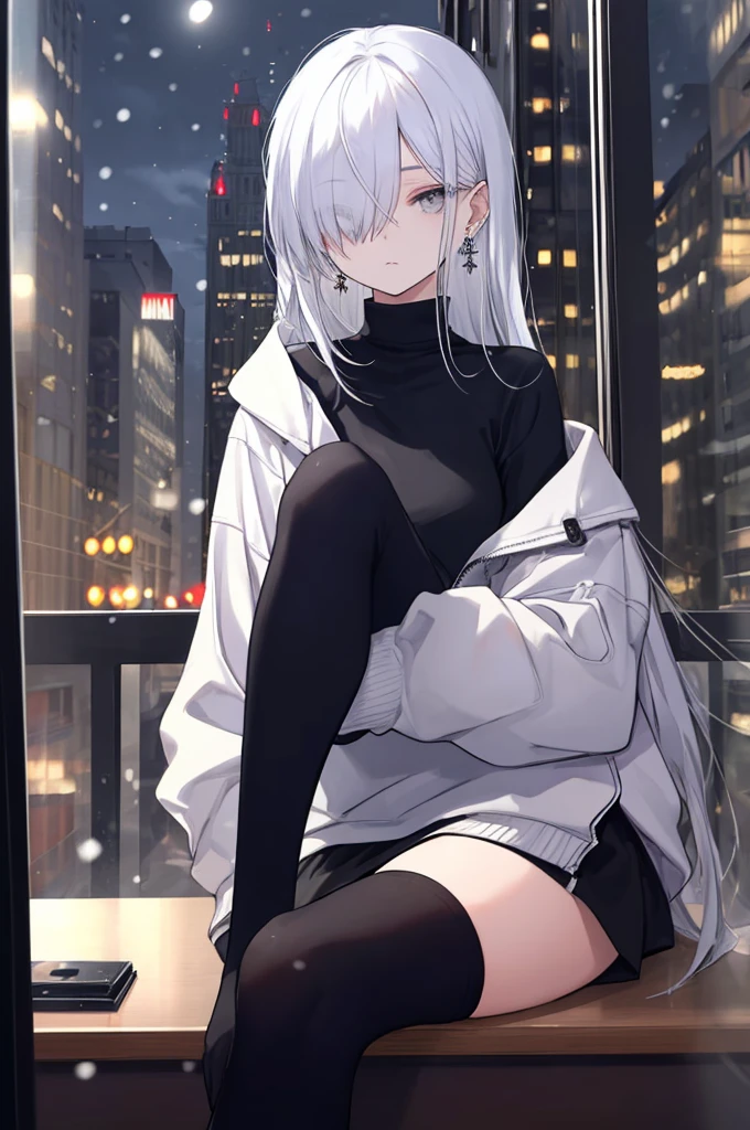 ((masterpiece:1.4, best quality:1.2)), 1girl, solo focus, beautiful skin, white sweatshirt, long white hair, grey eyes, black legwear, sitting, earrings, piercing, coffee shop window, night, snowing, cityscape, tall female, beautiful and delicate female, comfy ambience, {correct posing}, {detailed background}, a miniskirt, hair over one eye