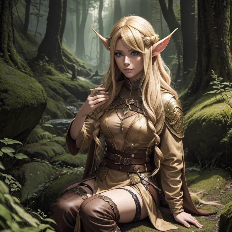 full body shot, a militantly sexy and stunningly beautiful long-haired green-eyed albino elf in a beautiful leather ultra-short skirt and a jacket with deep open cuts stands against the backdrop of a forest thicket on a forest alley shod in short boots, her legs are bare to panties, the back light is the sun's rays through the foliage of trees, front  soft fill light,beautiful chiaroscuro on the body,shallow depth of field,high detail,clear focus,detail focus,photorealism,tranding on artstantion,mark ryden style --auto --s2