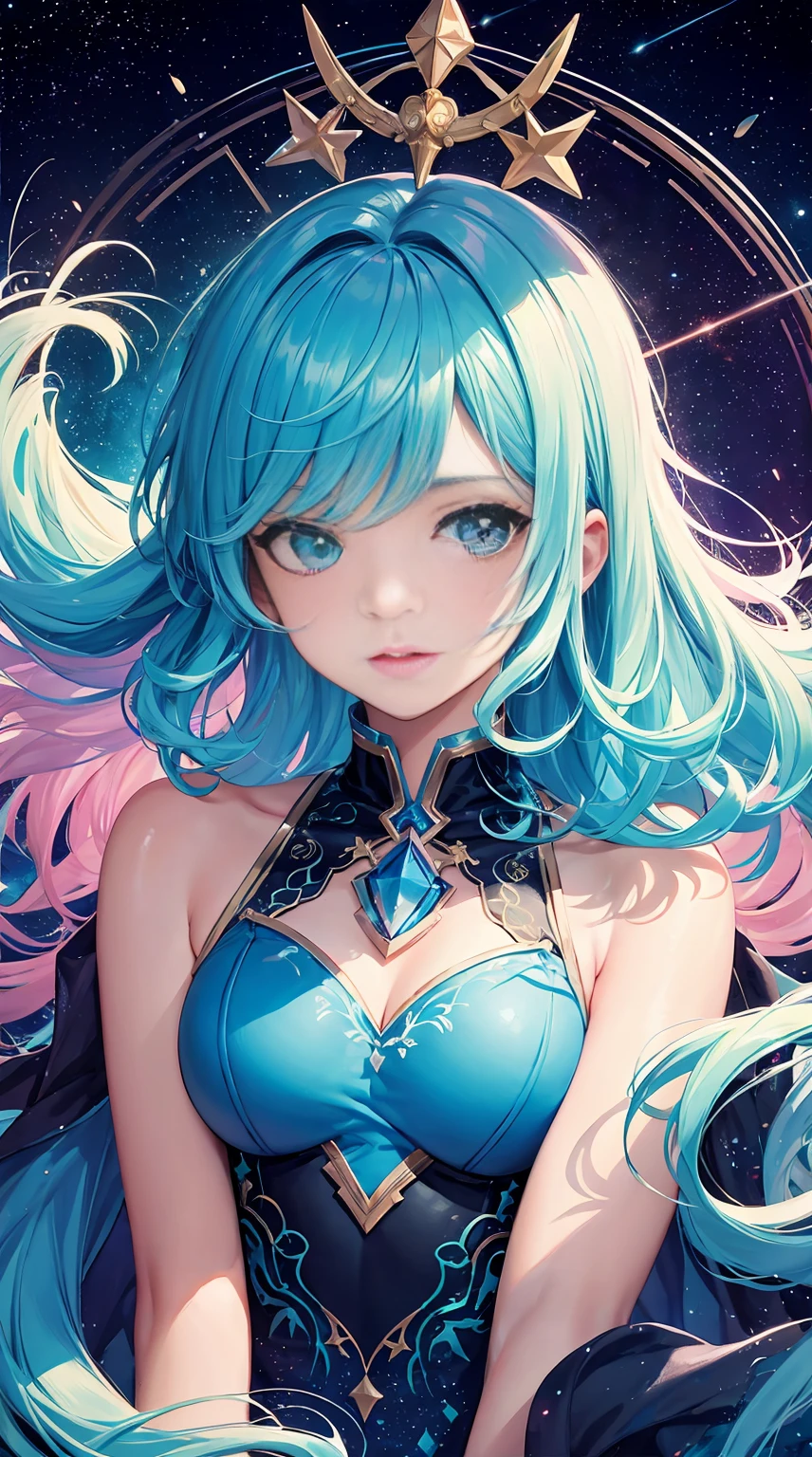 (masterpiece,premium quality,best quality,watercolor painting(curly),officlal art,beauty and aesthetic:1.2),(1 girl:1.3),(fractal art:1.3),Upper body,look directly at the audience,pattern,(rainbow colored hair,colored hair,half blue and half pink hair:1.2),aqua,liquid,cloud,colorful,Starry,star,