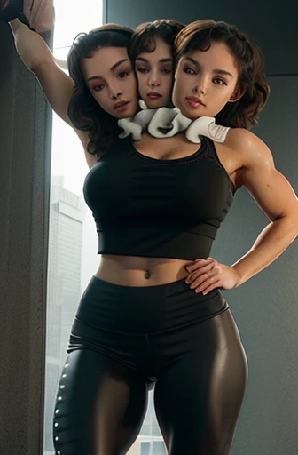 full body photo of athletic woman working out at the gym,weightlifting,leggings,sports bra,best quality,4k,8k,ultra hires,realistic,photo realistic,RAW photo,hdr,sharp focus,skin imperfections,masterpiece,hard light,athmospheric,conjoined_dicephalus,(two heads:1.5),