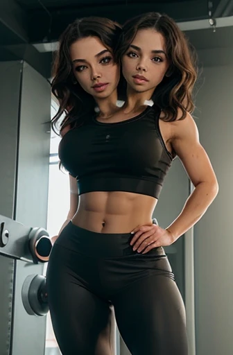 (Two Heads), arafed woman in a white top and pink shorts is posing for a picture, two piece workout clothes, sport bra and shorts, bra and shorts streetwear, sport bra and shirt, cottagecore!! fitness body, croptop and shorts, toned shape, fit girl, smooth white tight clothes suit, fit, crop shirt and strong abs, fit dainty figure, sexy face, sexy face with full makeup, detailed flawless face, conjoined, two heads