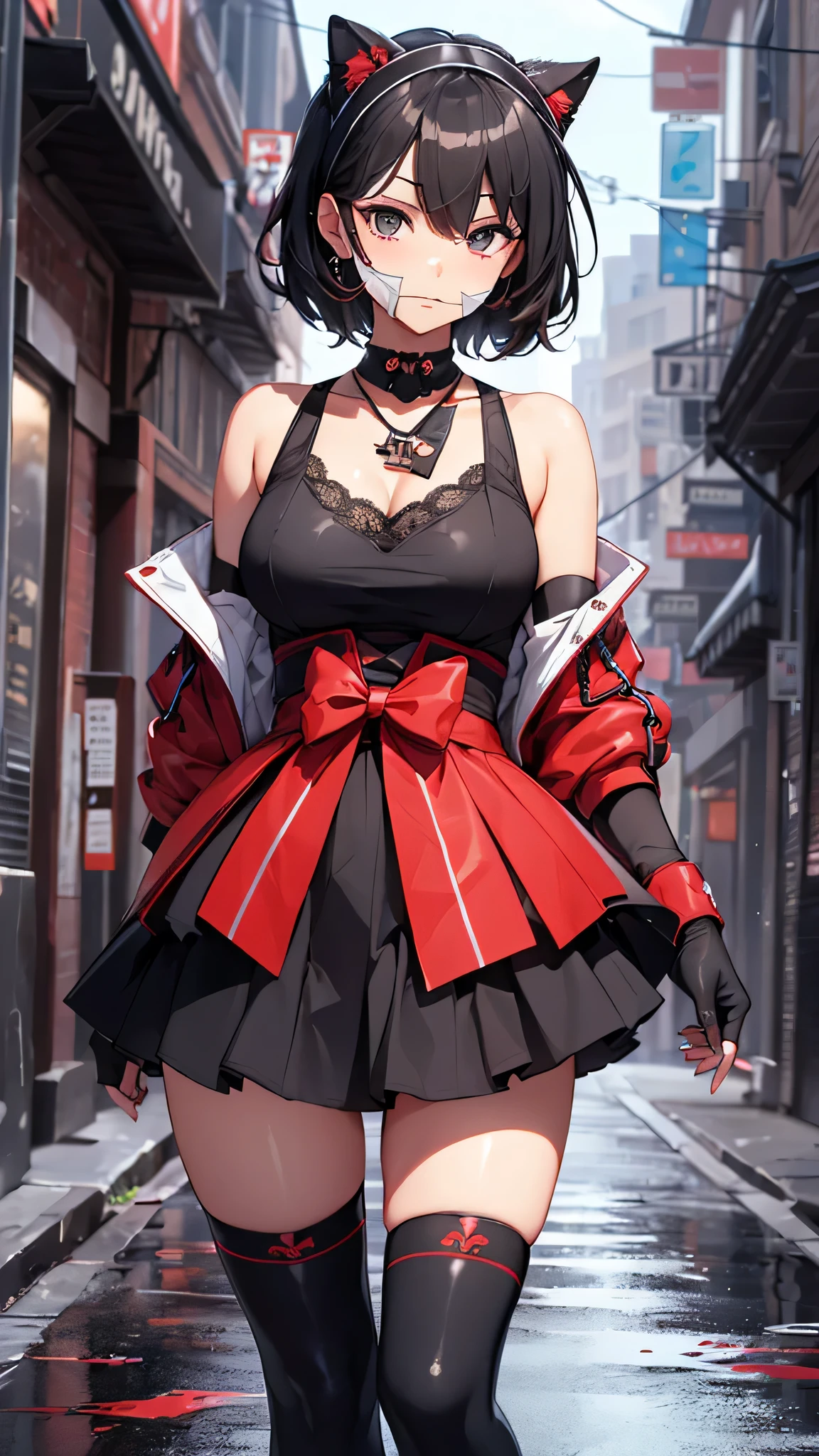 check_9, check_8_up, check_7_up, source_Anime, BREAK 1girl, One, round head, round face,, Ruby Rose \(RWBY\), black hair, Red hair, gradient hair, silver eyes, short hair, black dress, red frills, red cloak, Tights, black Tights, black boots, long sleeves, red trim, a corset, black a corset, turtleneck