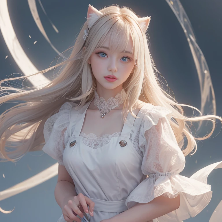 bright look、photorealism、highest quality、ultra high resolution、photograph、絶妙に美しい北欧生まれの女の子のphotograph、extraordinary beautiful girl、Detailed cute and beautiful face、(Pure Eros Face_v1:0.008)、beautiful bangs、alice in wonderland、18-year-old、glowing white shiny skin、Flow of hair that extends to the face、bangs between the eyes、super long hair、Attractive light and dark platinum blonde super long straight silky hair、thin hair、Charming shining beautiful bright clear light blue big eyes、white apron、yellow dress、eyeliner、double eyelids、rich bust、two girls、cat ears、Laughter、short skirt、White lace underskirt、pink panties、