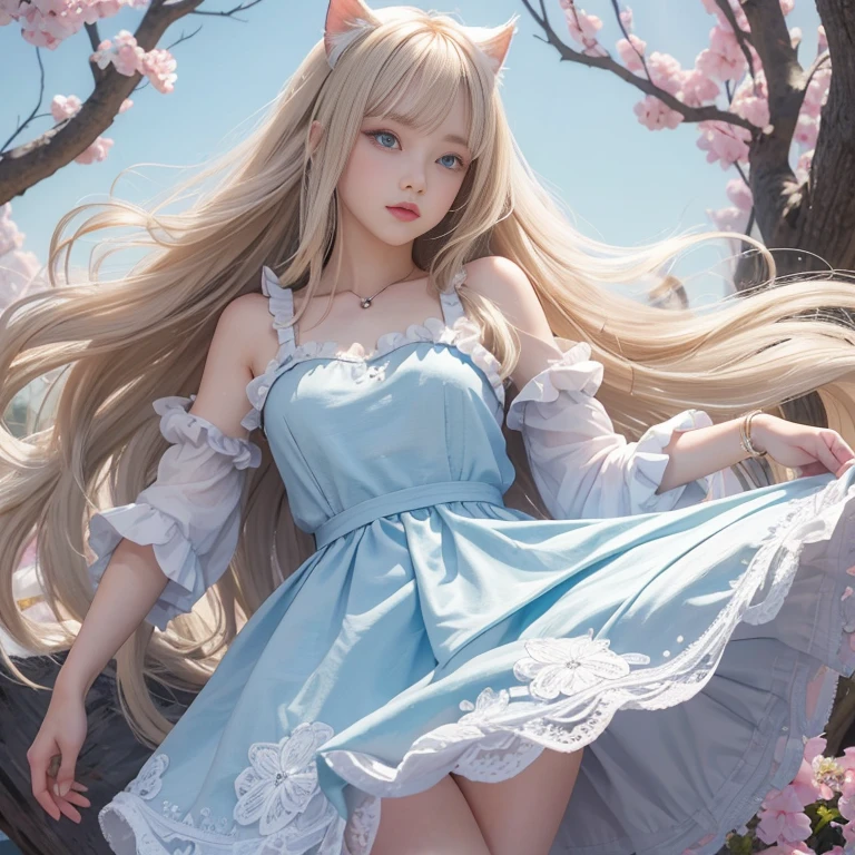 bright look、photorealism、highest quality、ultra high resolution、photograph、絶妙に美しい北欧生まれの女の子のphotograph、extraordinary beautiful girl、Detailed cute and beautiful face、(Pure Eros Face_v1:0.008)、beautiful bangs、alice in wonderland、18-year-old、glowing white shiny skin、Flow of hair that extends to the face、bangs between the eyes、super long hair、Attractive light and dark platinum blonde super long straight silky hair、thin hair、Charming shining beautiful bright clear light blue big eyes、white apron、yellow dress、eyeliner、double eyelids、rich bust、two girls、cat ears、Laughter、short skirt、White lace underskirt、pink panties、