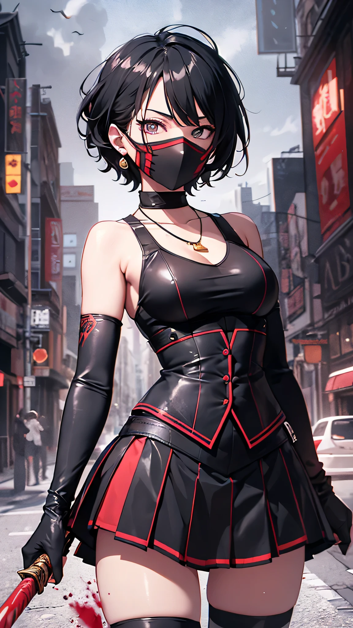 最high quality、best image quality、masterpiece、teenage girl((18-year-old、 By becoming、vest bust、medium bust,wide open breast tea、black eye, black hair、shortcut、short hair、thin,highest valley、Perforated gloves、Hachimaki、My whole body is full of scars、black tank top、red short skirt、anger expression、red necklace、black stockings、red boots、red heat mask)),high quality、beautiful art、background((Dark road、Red rain、red lighting、Red Moon、bloody road、dark city)),debris flies、Depth of written boundary、movie、visual art、perfect art、8K,genuine