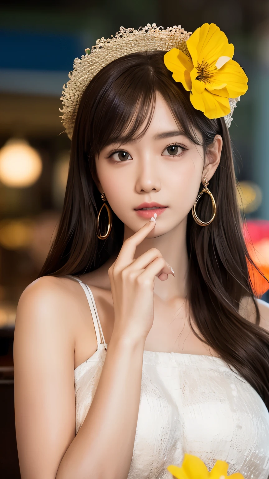 ridiculous, high resolution, Super detailed, 1 girl, alone, extremely detailed eyes, starfish, seashells, shells, flower, have, hair accessories, jewelry, straw have, looking at the audience, sunglasses, have flower, drinking straw, hairpin, earrings, red flower, have色眼镜, yellow flower, Bangs, English text, colorful hair, orange flower, black hair, ring, cup, long hair, orange-have色眼镜, food, brown hair, portrait, shells hair accessories