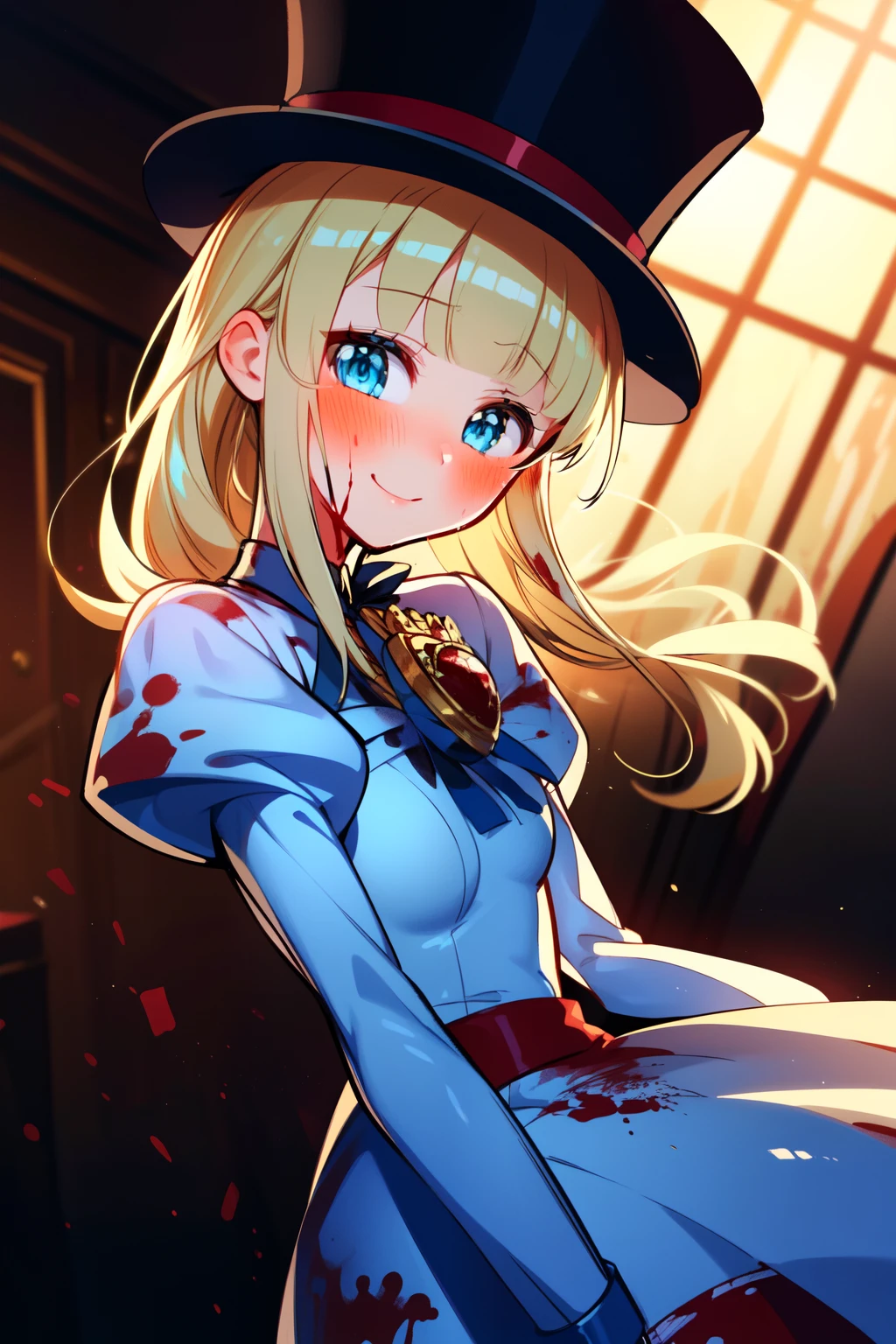 (1girl, solo), blonde hair, side ponytail, (blue eyes:1.5), long hair, (small breast:1.2), (hair ribbon, juliet sleeves, long sleeves, puffy sleeves, blood stained white dress:1.5, frills, top hat, black top hat, hat, hat flower,) looking at viewer, crazy smile, blush, blood, blood on arm, blood on face, blood on clothes, blood on hands, holding knife, knife, indoor, (masterpiece:1.2), best quality, high resolution, unity 8k wallpaper, (illustration:1.5), anime style, (beautiful detailed eyes:1.6), extremely detailed face, perfect lighting, extremely detailed CG, (perfect hands, perfect anatomy), (dynamic pose, dynamic angle:1.1), nadja, red heart brooch, jewelry, serial killer, slasher,