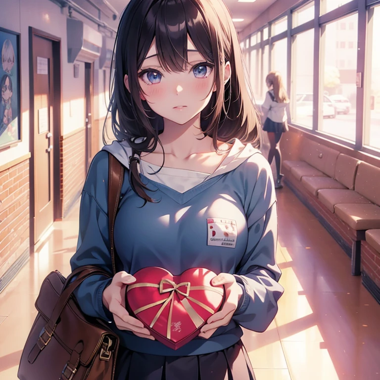 Anime girl holding a heart-shaped box in the hallway, beautiful anime high school girl, a hyperrealistic , Cute girl anime visual, cute anime girl, kawaii realistic portrait, anime style 4k, hyperrealistic, realistic , anime art wallpaper 8k, Smooth anime CG art, realistic anime 3 d style