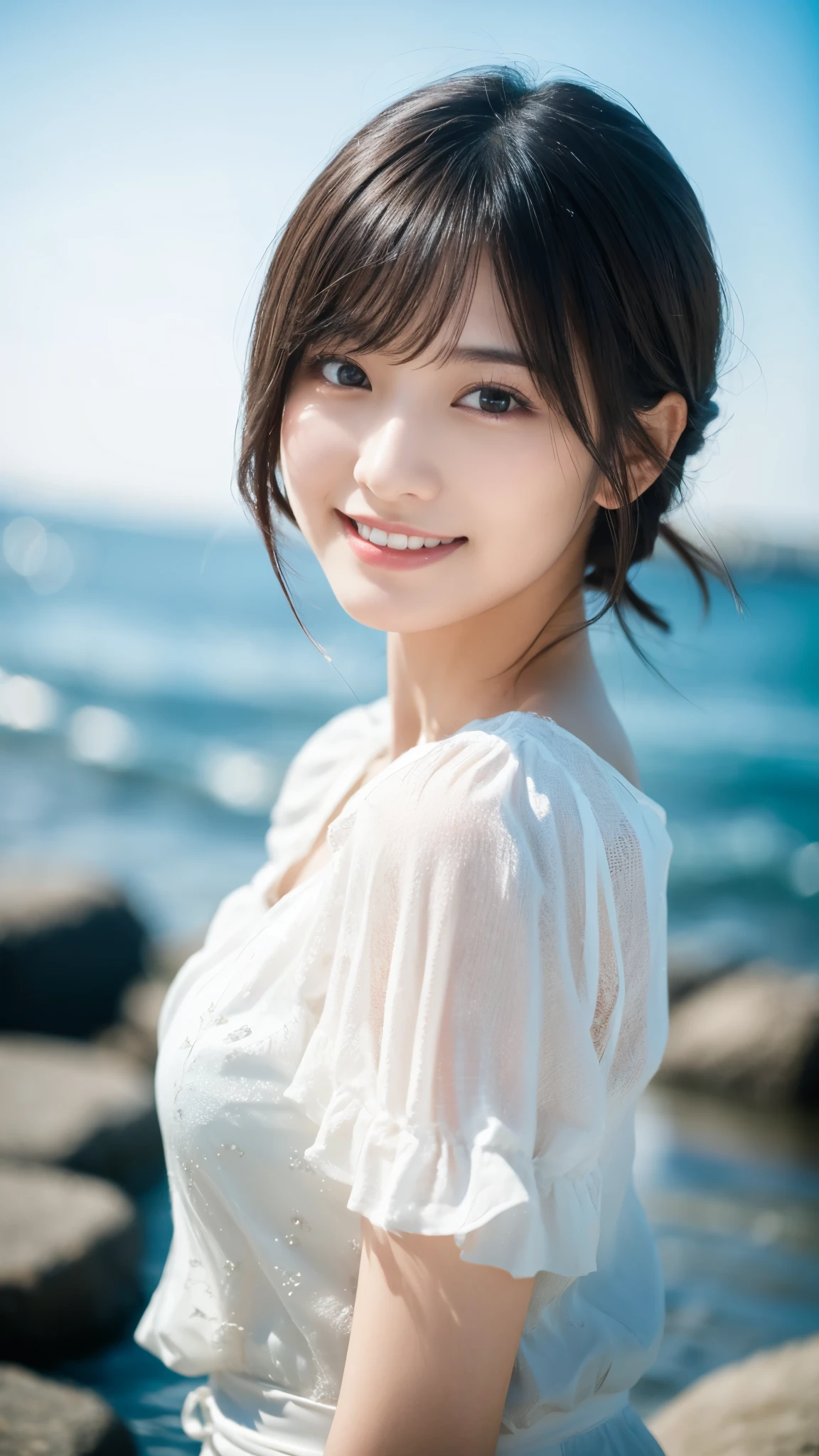 (highest quality,masterpiece:1.3,ultra high resolution),(Super detailed,caustics,8k),(photorealistic:1.4,RAW shooting),[lora:siitake-eye:0.5],Japanese,28 years old,cute,(Smiling and looking at the camera),(Black hair fluttering in the wind:1.1),short hair,natural makeup,(big ),white blouse,(bust up shot),The sea sparkles reflecting the sunlight,warm light,Natural light,professional writing