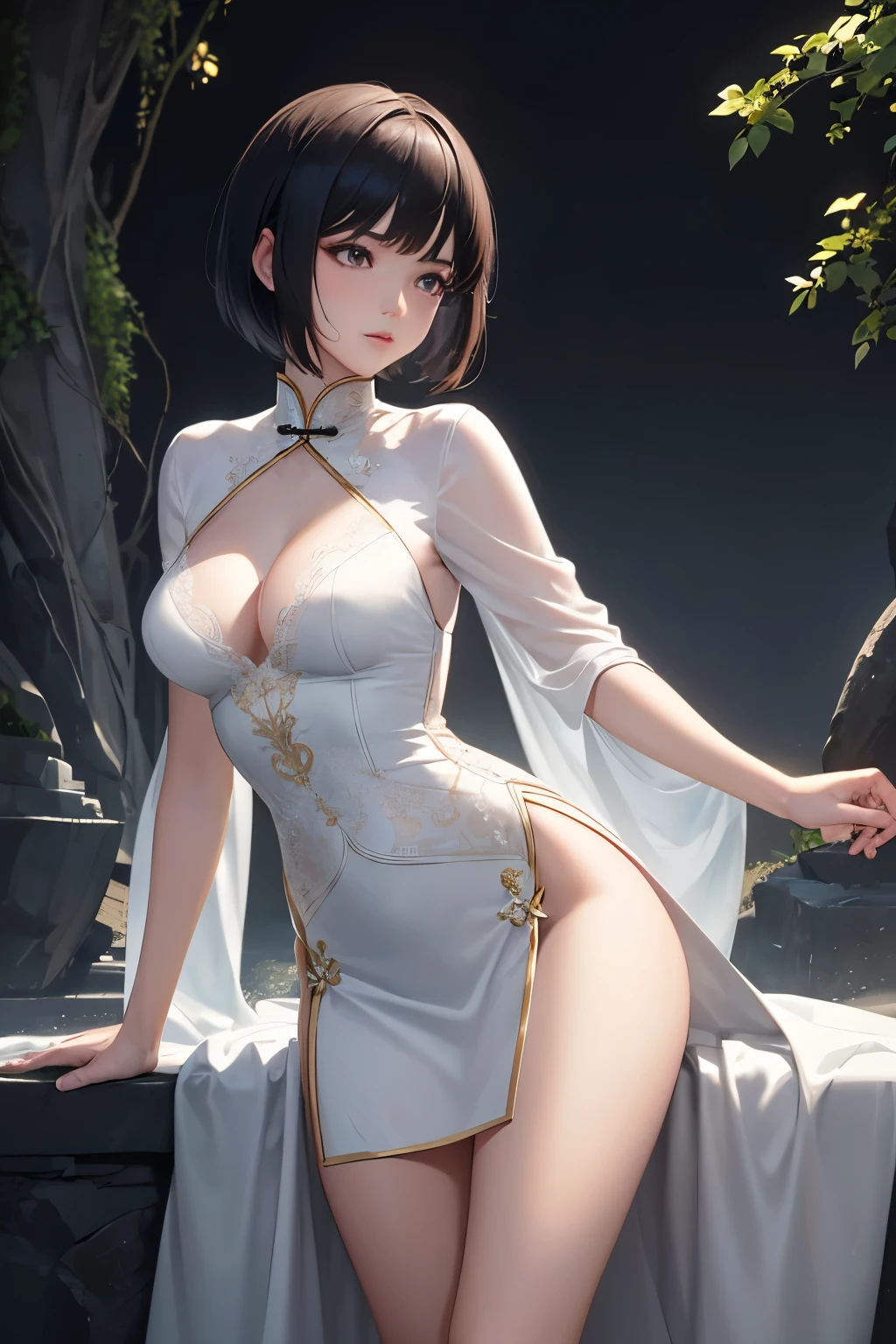 A Chinese girl, with short hair and gracefully wearing a white skirt, is depicted in this 2D, high definition image. Her features are rendered in exquisite detail, each line and curve carefully defined to bring out her unique charm. The white skirt flows softly around her, accentuating her slender figure and adding an ethereal quality to the image. The lighting is crisp and clear, highlighting the intricacies of her features and the subtle textures of her clothing. The overall effect is one of stunning realism and captivating beauty.