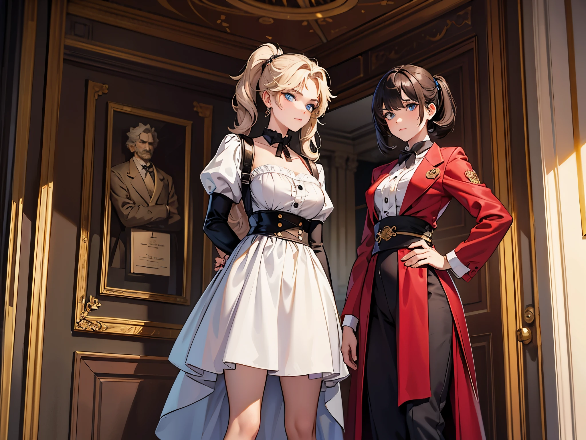 masterpiece, twain, girl, standing side by side, missimilar hairstyle, missimilar eye color, missimilar outfit,