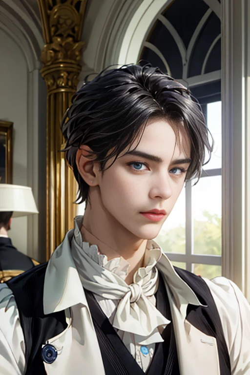 masterpiece, 最high quality, high quality, 1 boy, alone, male focus, looking at the viewer, Upper body, victory_destiny, black hair, blue eyes, white people, Noble, historic, noble, noble的な, Victorian, 20-year-old