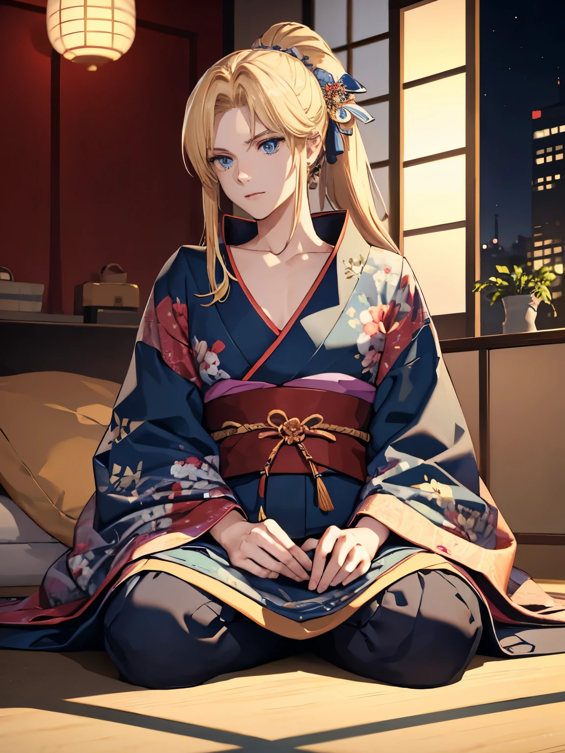 1boy,Masculinity,blond hair,ponytail,blue eyes,no bra,A Japanese-style room,late at night,alone,kimono