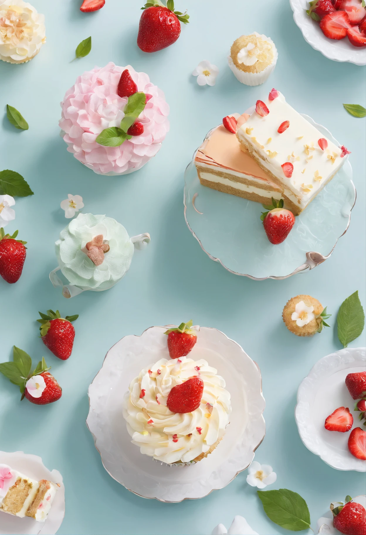 (pastel colour:1.2)、(cute illustration:1.2)、(watercolor painting:1.2)、white background、Floral、green leafs、strawberry, fruit、Shortcake、citric acid、acid、甘acidっぱい、pale pinkish green throughout,,、waffle、bread、cooking、cupcake、tiramisu、Cream cake、confections、high tea、sweet、particles of light、drink、Ice cubes、still life photography