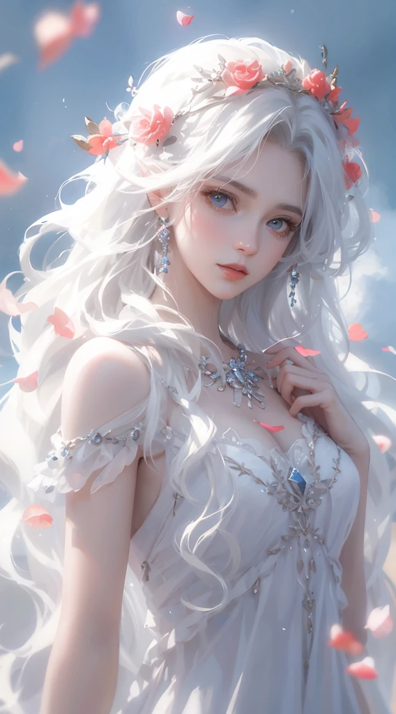 Oil painting and CG rendering fairy portrait, blue theme, a woman with long gray hair wearing sleeveless shirt with a crown in falling rose petals, jewelry, pearl_(gem), earrings, bracelet, blue eyes, eyelash, cherry blossoms, gray hair, red lips, closed mouth, parted lips, detailed anime soft face, pure white skin, beads of water, exposed shoulders, Upper body, water, Lock, nature, Raise your hand, Wind, epic background.detailed picture, by Michi, pixiv, Ultra-high definition images, ice, young goddess, detailed face