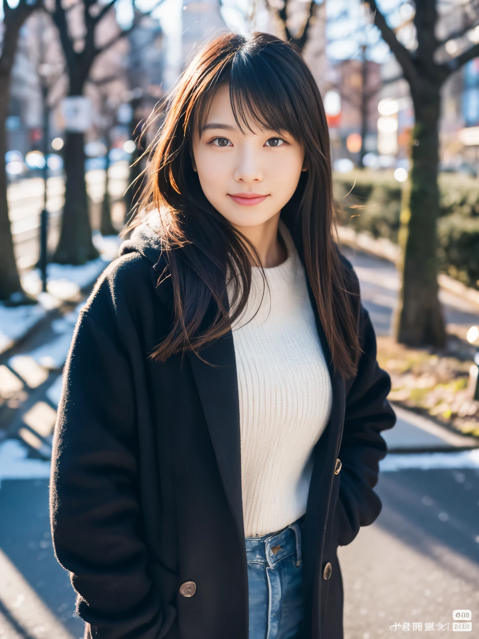 Photoreal, 8K full-length portrait, Beautiful woman, attractive look, Clear system, 20-year-old, Tokyo city, winter, Shibuya in the background