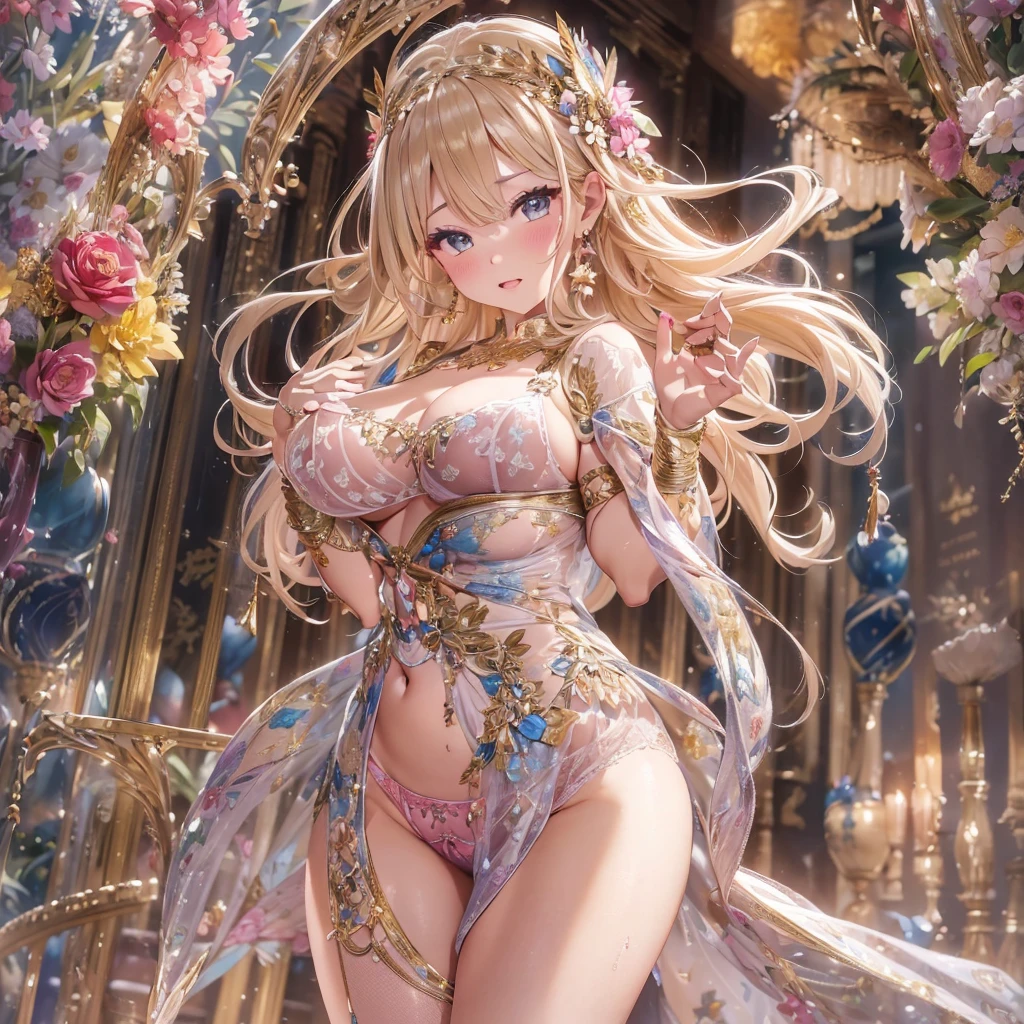 beautiful美しさ, 3D two-dimensional, rich, blonde, skirt, stockings, high heels, poison、star、star、(Highly detailed CG Unity 8K wallpaper),(masterpiece), (最high quality), (Super detailed), (best illustrations),(best shadow), (sharp eyeliner, eye shadow, fine eye:1.1), (超High resolution,realistic,最high quality,realistic),(8K,RAW photo,最high quality,マstarプル),mature woman、sensual curves、huge breasts、thighs、bubble、お尻のmasterpiece, 最high quality, Super detailed, full body shot, mature woman, beautiful mature woman, nightgown and underwear, enchanting smile, thick lips, Chubby lips, blush, looking at the viewer, provocative expression, beautiful髪型, cleavage, Plump、curvy hips、attractive face、sexy lingerie、an inviting gaze、Expression of emotions、Lewd underwear、(((erotic see-through lingerie set)))、Standing position、gorgeous accessories 、big breastsの女性, bare shoulders, golden hair, colored feather, metal ornaments, colored flowers, particle, light, (masterpiece, 最high quality, 最high quality, official art, beautiful and aesthetic:1.2), (1 girl:1.3), very detailed,(fractal art:1.1),(colorful:1.1)、(flowers:1.3),most detailed,(zentangle:1.2), (dynamic pose), (abstract background:1.3), (shiny skin), (lots of colors :1.4), ,(earrings:1.4), (feather:1.4),masterpiece, 最high quality, Super detailed, 30~40 years, full body shot, beautiful 、various hairstyles，gold headband，plump breasts，beautiful butt，greek clothing，Tulle covers the breasts，perfectly proportioned, detailed clothing details,marble，god statue，cinematic lighting, film grain, 8K, masterpiece, Super detailed, high detail, high quality, High resolution,(((NSFW:1.2)))、exposed chest、Openwork decoration，(((see through dress)))、(((解剖学的に正しいbody))) , 最high quality, Super detailed, (((Lewd underwear)))、raise your butt, from below, (((R-18)))、Hakari、thighs, big breasts, Are standing, cowboy shot, blush, (((1 girl))), (masterpiece:1.3), (High resolution), (8K), (very detailed), perfect face, Nice eye and face, (((最high quality))), (Super detailed), detailed face and eye, (alone), High resolution、beautifuleye,(((sexy pose)))、(((整ったbig breasts)))、((beautiful eye))、luxury、(((超High resolution)))、(((detailed description)))、(((ぽっちゃりbody型)))、(((解剖学的構造に一致したbodyの部位)))、beautiful長いまつ毛、バランスのとれたbody型、２book arm、2 feet、Just the right size for your legs and arms、Fishnet tights、glamorous、(((Clear white and black eye)))、lipstick、Sparkling、(Undistorted face, eye, body)、jewelry、gem、(長くカールしたbeautifulまつ毛)、(((バランス良いbeautiful胸)))、(transparent, Exquisite skin:1.2)、(((完璧なglamorousボディー))
