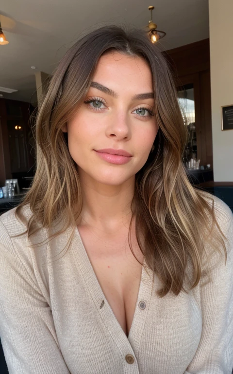 Belle brune aux reflets blonds portant un pull beige (in a café drinking soda), Very detailed, 22 ans, visage innocent, natural wavy hair, yeux bleus, High resolution, masterpiece, Best quality, intricate high detail, highly detailed, mise au point nette, detailed skin, realistic skin texture, texture, detailled eyes, professionnel, 4K, sourire charmant, filmed on Canon, 85 mm, faible profondeur de champ, Couleur Kodak Vision, perfect fit body, Extremely detailed, photographier_\(ultra\), photoreallistic, Realstic, Post-traitement, Maximum details, roughness, real life, ultra realist, photorealism, photographie, 8K UHD, photographie