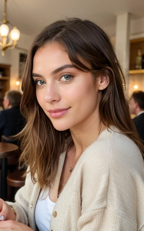 Belle brune aux reflets blonds portant un pull beige (in a café drinking soda), Very detailed, 22 ans, visage innocent, natural wavy hair, yeux bleus, High resolution, masterpiece, Best quality, intricate high detail, highly detailed, mise au point nette, detailed skin, realistic skin texture, texture, detailled eyes, professionnel, 4K, sourire charmant, filmed on Canon, 85 mm, faible profondeur de champ, Couleur Kodak Vision, perfect fit body, Extremely detailed, photographier_\(ultra\), photoreallistic, Realstic, Post-traitement, Maximum details, roughness, real life, ultra realist, photorealism, photographie, 8K UHD, photographie