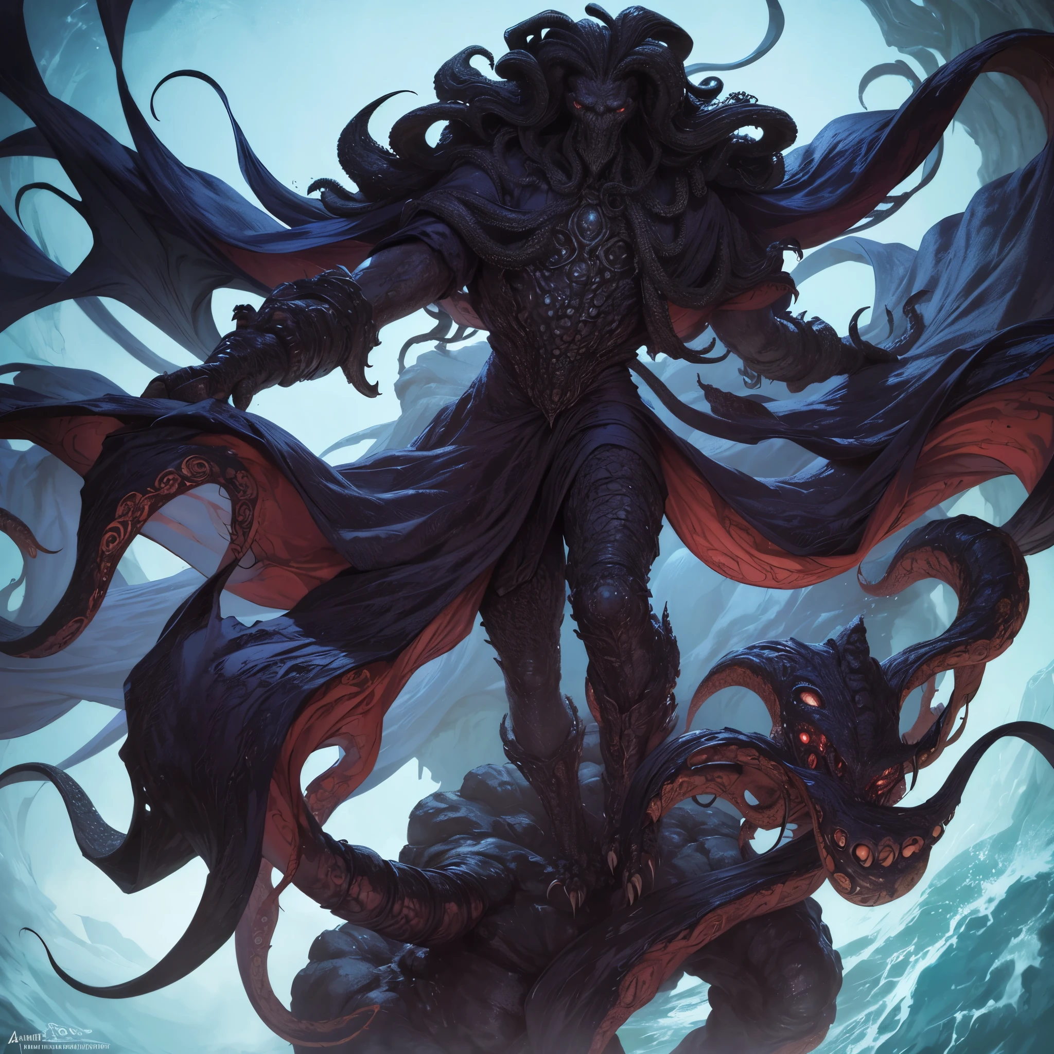 an,large headed creature with tentacles, tentacled beast, monster concept art, rendered image, humanoid creature, combination of tentacled and monstrous creature, tentacled monster, left claw with tentacles, right claw sharp and pointy, giant tentacles on the back, Lovecraftian monster, Lovecraftian style creature, Lovecraftian style monster, Cthulhu, Yog-Sothoth, Lovecraftian style marine creature, creature concept art, Azathoth