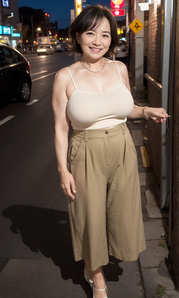 masterpiece, best quality, 16K, city, old woman, happy, smiling, standing, looking at viewer, front view, long hair, wave hair, black hair, eyes open, (large breasts:1.28), (wrinkles corners eyes:1.38), (nasolabial:1.38), (old skin:1.38), wrinkles skin, freckled skin, pale skin, (old muscles:1.2), slender, (white tube top), (khaki culottes), (high-heels), piercing, necklace, freckles, chubby, elderly, old, japanese, outside, in the city, at night, nsfw, full body shot, from front