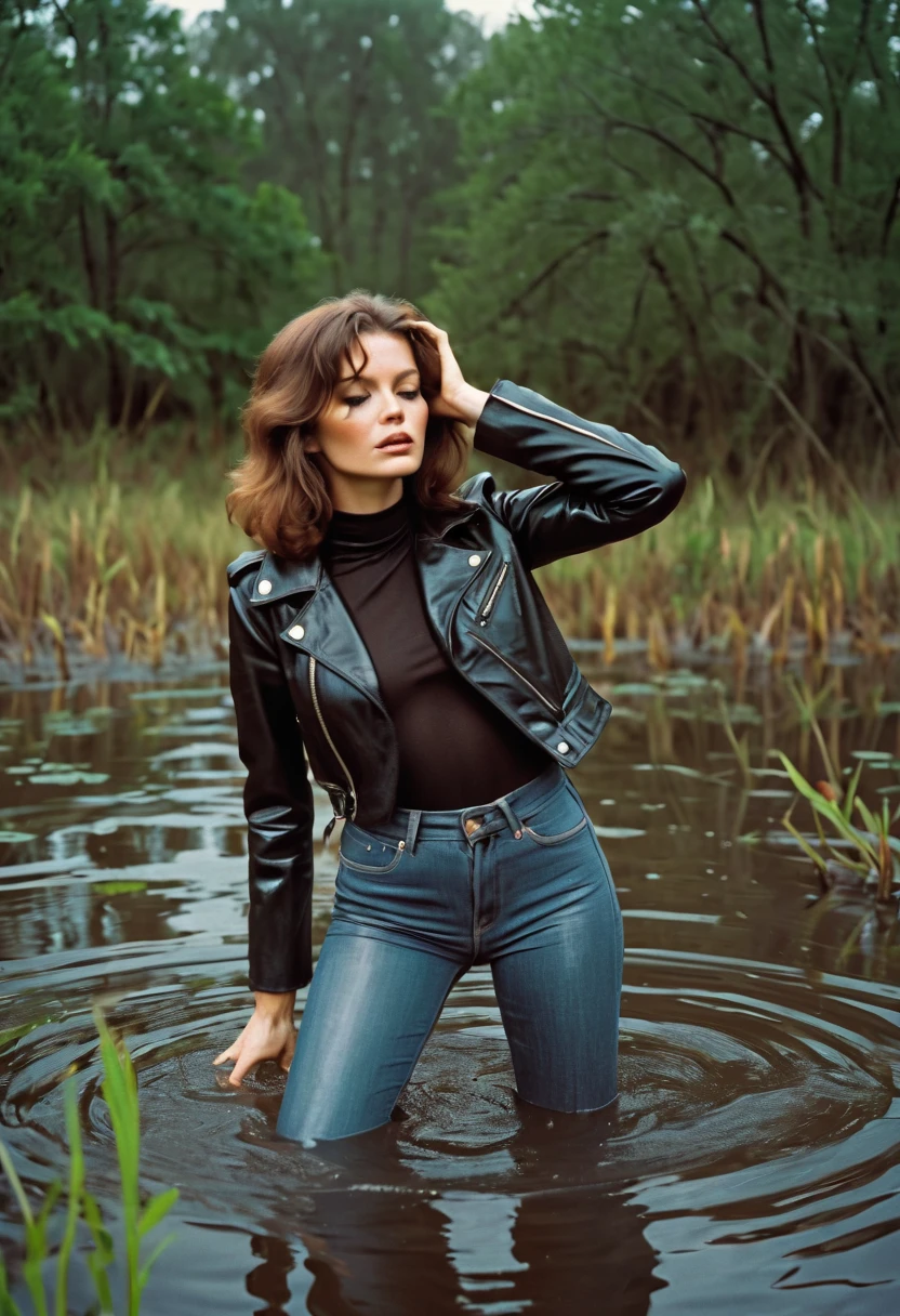 70s style shy woman in soaking wet high waisted flared jeans and leather jacket caught when indulging in her fetish while drowning in swamp