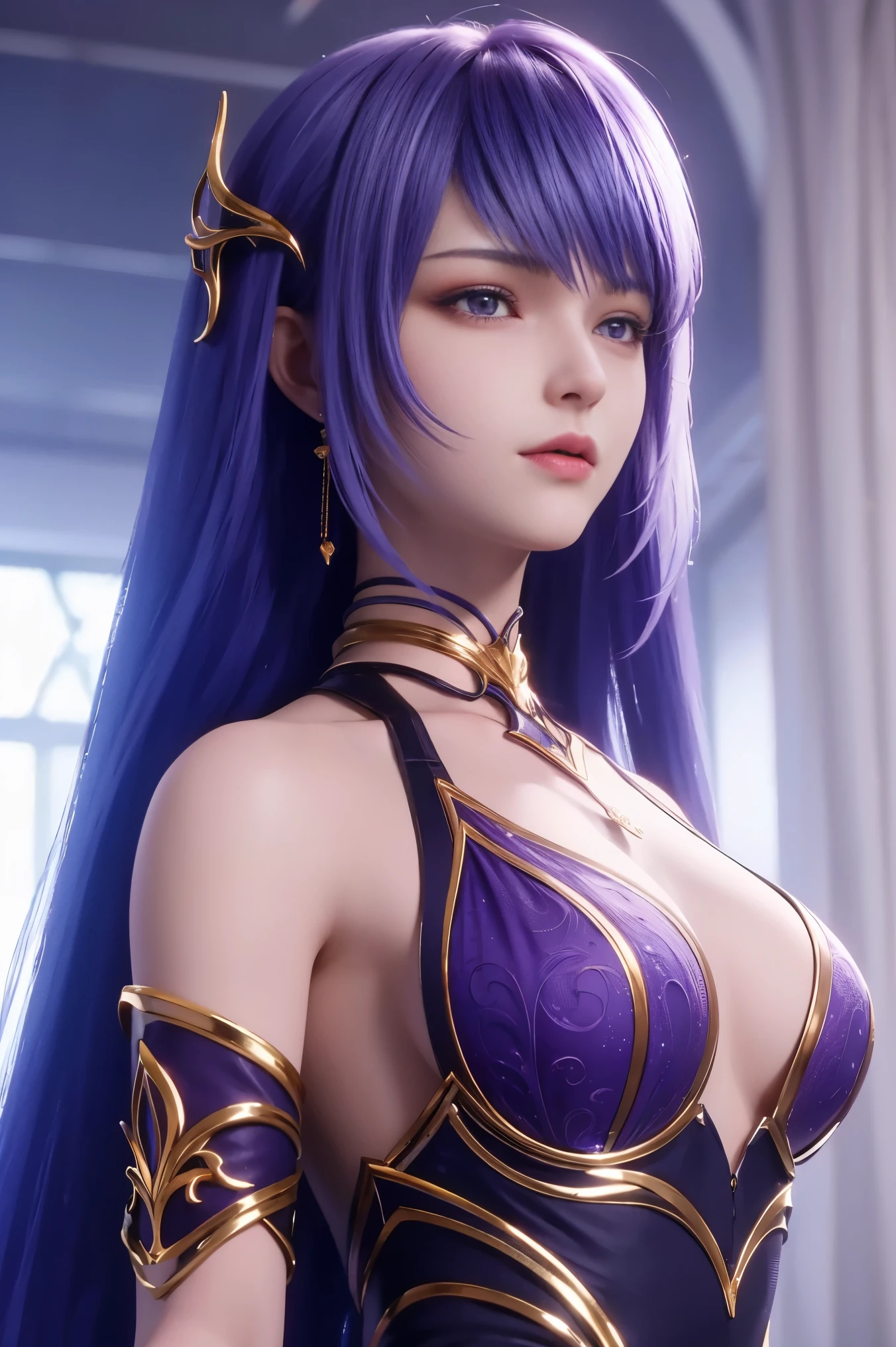 tmasterpiece, absurd res, finedetail, HighDynamicRange, The face and eyes are very detailed, realisticlying, (8K, Best quality at best, tmasterpiece:1.2), ultra - detailed, extremely detailed cg 8K wallpaper,Bright lights,Fashionarystal texture skin:1.2),an extremely delicate and beautiful CG illustration, best quality, high resolution, dynamic angle, full-length shot, (1girl), purple eyes and straight long purple hair, floating, soft light, high-key lighting)