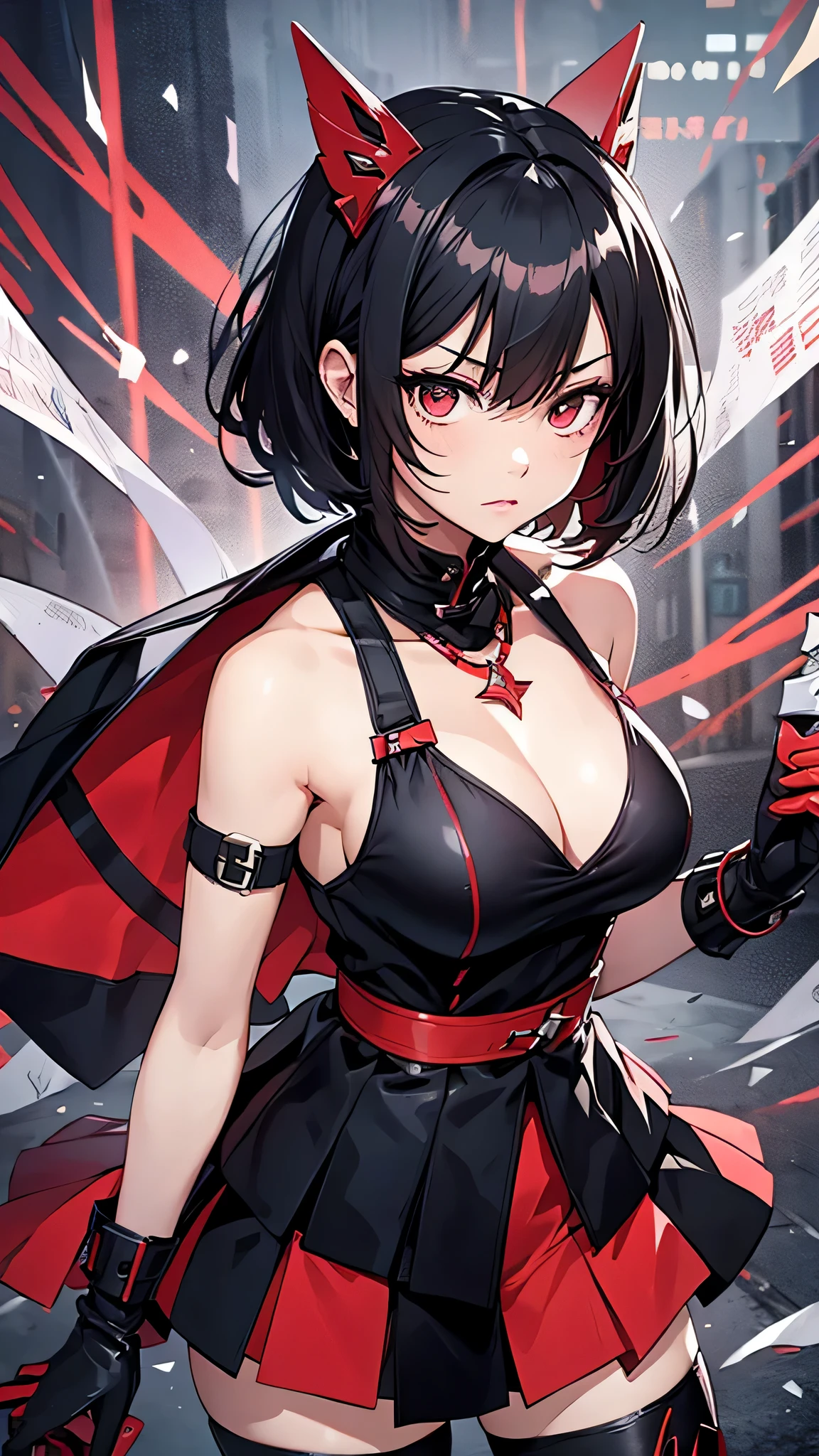 最high quality、best image quality、masterpiece、teenage girl((18-year-old、 By becoming、vest bust、medium bust,wide open breast tea、black eye, black hair、shortcut、short hair、thin,highest valley、Perforated gloves、Hachimaki、My whole body is full of scars、black tank top、red short skirt、anger expression、red necklace、black stockings、red boots、red heat mask,Japanese sword、red coat、flash)),high quality、beautiful art、background((Dark road、Red rain、red lighting、Red Moon、bloody road、dark city)),debris flies、Depth of written boundary、movie、visual art、perfect art、8K,genuine