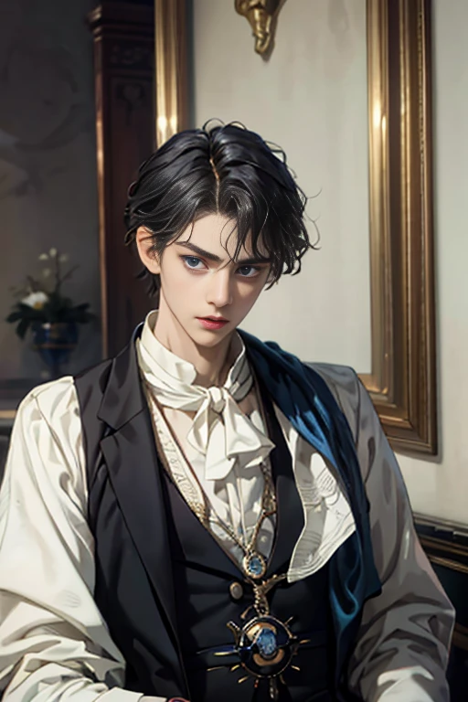 masterpiece, 最high quality, high quality, 1 boy, alone, male focus, looking at the viewer, Upper body, victory_destiny, black hair, blue eyes, white people, Noble, historic, noble, noble的な, Victorian, 20-year-old