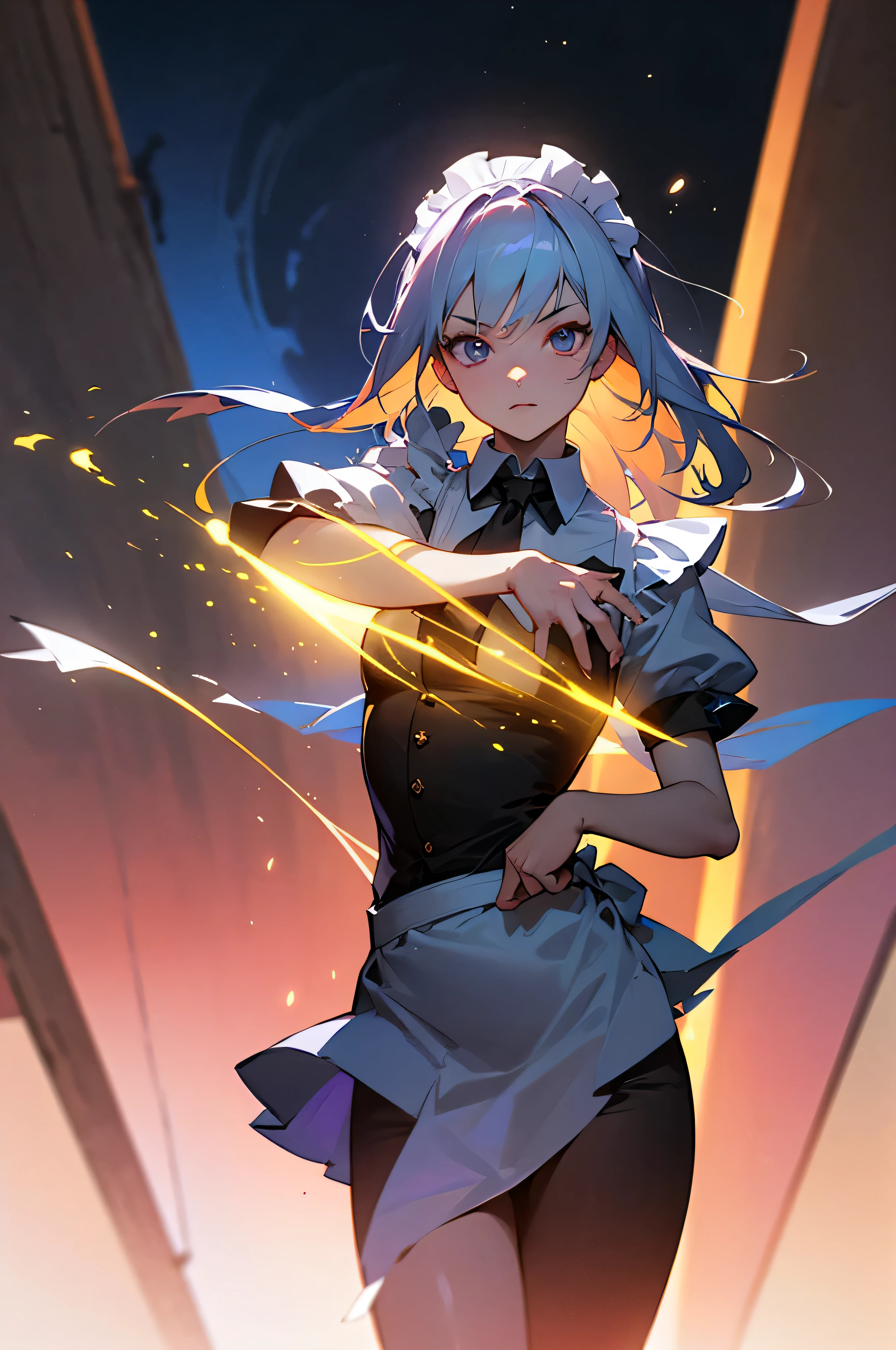 、long hair、Excessive exposure、Neon feeling、Maid clothes、neon laser、Parkour、cool pose、scurry、chest、looking at the camera、planet、