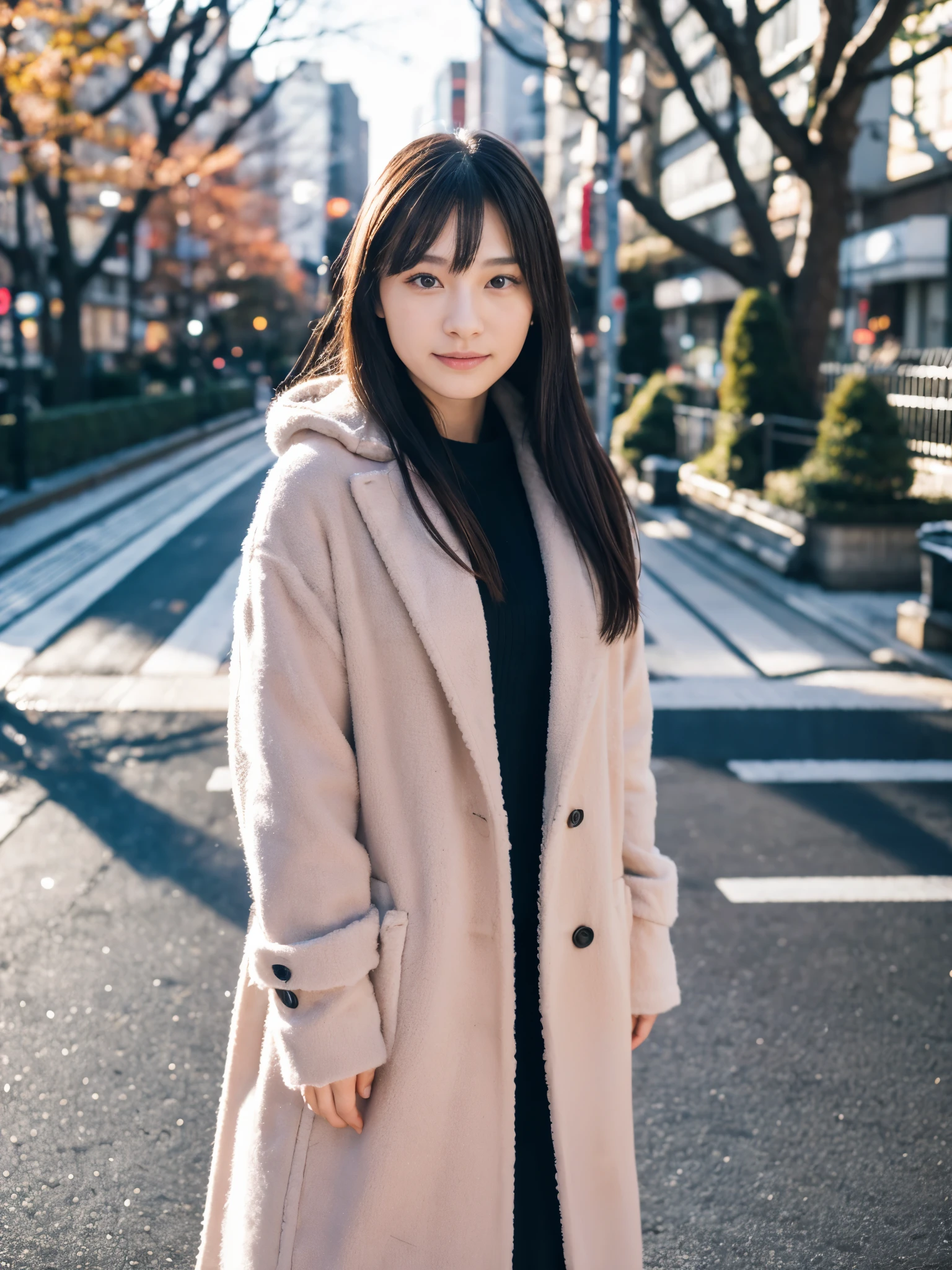 Photoreal, 8K full-length portrait, Beautiful woman, attractive look, Clear system, 20-year-old, Tokyo city, winter, Shibuya in the background