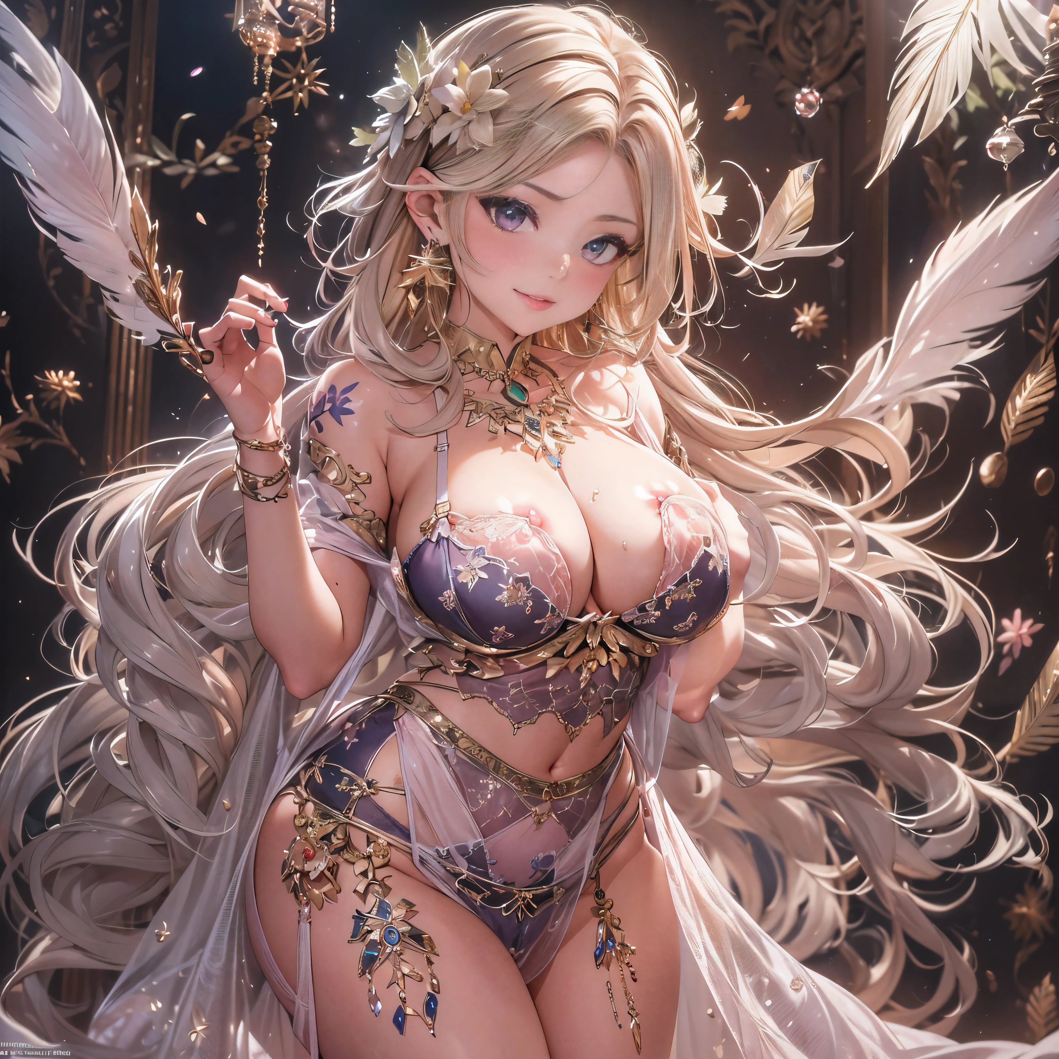 beautiful美しさ, 3D two-dimensional, rich, blonde, skirt, stockings, high heels, poison、star、star、(Highly detailed CG Unity 8K wallpaper),(masterpiece), (最high quality), (Super detailed), (best illustrations),(best shadow), (sharp eyeliner, eye shadow, fine eye:1.1), (超High resolution,realistic,最high quality,realistic),(8K,RAW photo,最high quality,マstarプル),mature woman、sensual curves、huge breasts、thighs、bubble、お尻のmasterpiece, 最high quality, Super detailed, full body shot, mature woman, beautiful mature woman, nightgown and underwear, enchanting smile, thick lips, Chubby lips, blush, looking at the viewer, provocative expression, beautiful髪型, cleavage, Plump、curvy hips、attractive face、sexy lingerie、an inviting gaze、Expression of emotions、Lewd underwear、(((erotic see-through lingerie set)))、Standing position、gorgeous accessories 、big breastsの女性, bare shoulders, golden hair, colored feather, metal ornaments, colored flowers, particle, light, (masterpiece, 最high quality, 最high quality, official art, beautiful and aesthetic:1.2), (1 girl:1.3), very detailed,(fractal art:1.1),(colorful:1.1)、(flowers:1.3),most detailed,(zentangle:1.2), (dynamic pose), (abstract background:1.3), (shiny skin), (lots of colors :1.4), ,(earrings:1.4), (feather:1.4),masterpiece, 最high quality, Super detailed, 30~40 years, full body shot, beautiful 、various hairstyles，gold headband，plump breasts，beautiful butt，greek clothing，Tulle covers the breasts，perfectly proportioned, detailed clothing details,marble，god statue，cinematic lighting, film grain, 8K, masterpiece, Super detailed, high detail, high quality, High resolution,(((NSFW:1.2)))、exposed chest、Openwork decoration，(((see through dress)))、(((解剖学的に正しいbody))) , 最high quality, Super detailed, (((Lewd underwear)))、raise your butt, from below, (((R-18)))、Hakari、thighs, big breasts, Are standing, cowboy shot, blush, (((1 girl))), (masterpiece:1.3), (High resolution), (8K), (very detailed), perfect face, Nice eye and face, (((最high quality))), (Super detailed), detailed face and eye, (alone), High resolution、beautifuleye,(((sexy pose)))、(((整ったbig breasts)))、((beautiful eye))、luxury、(((超High resolution)))、(((detailed description)))、(((ぽっちゃりbody型)))、(((解剖学的構造に一致したbodyの部位)))、beautiful長いまつ毛、バランスのとれたbody型、２book arm、2 feet、Just the right size for your legs and arms、Fishnet tights、glamorous、(((Clear white and black eye)))、lipstick、Sparkling、(Undistorted face, eye, body)、jewelry、gem、(長くカールしたbeautifulまつ毛)、(((バランス良いbeautiful胸)))、(transparent, Exquisite skin:1.2)、(((16:Composition suitable for 9 angles of view)))
