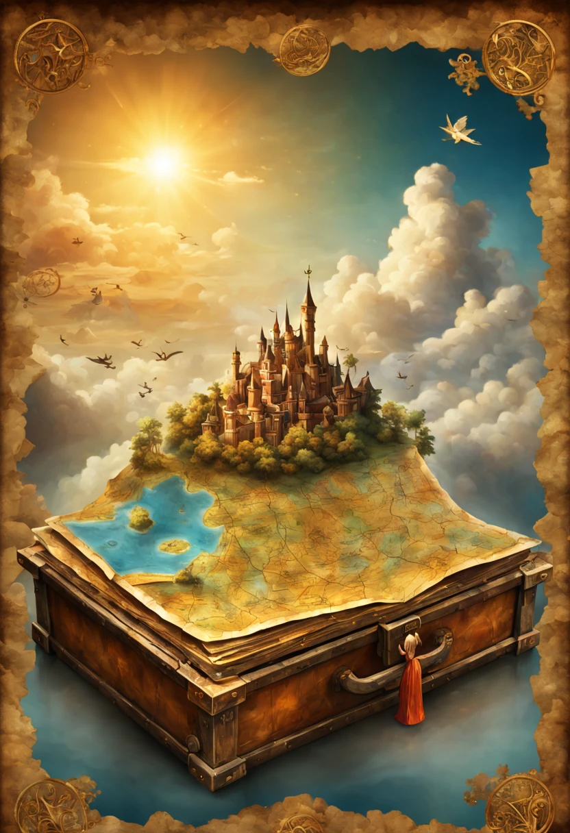An old, burned up treasure map with 8k resolution, surrealistic and photoillustrative rendition, and vibrant colors. The detailed map showcases a long-lost adventure, with intricate lines and faded marks denoting hidden treasures. The burnt edges and tattered corners add to the antiquated charm of the map. The treasure itself is depicted as a shimmering golden chest, emitting an ethereal glow. The surrounding surrealistic elements, such as floating islands and levitating keys, create a dreamlike atmosphere. Volumetric lighting streams through the mystical clouds, casting rays of divine illumination on the map and its enigmatic symbols. The colors are rich and vibrant, enhancing the magical aura of the scene. This masterpiece evokes a sense of wonder and beckons the viewer to embark on a captivating journey of discovery.