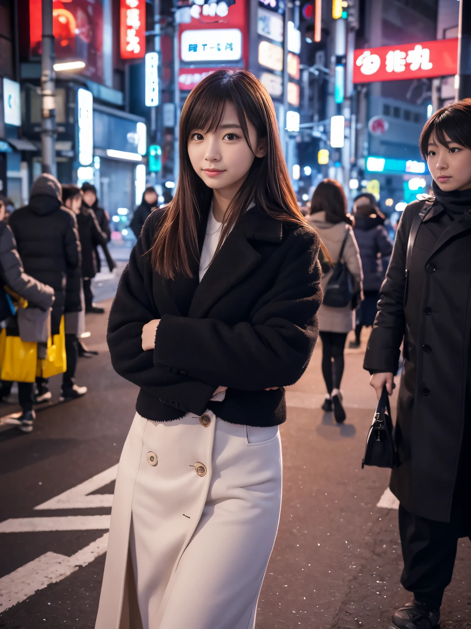 Photoreal, 8K full-length portrait, Beautiful woman, attractive look, Clear system, 20-year-old, Tokyo, winter, Shibuya in the background