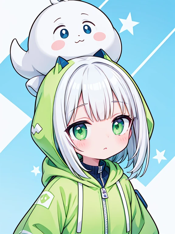 Shorty anime  girl, with light white skin, wearing a pastel green hooded dinosaur jacket, have a white hair with bangs, has a cute face and looks shy.